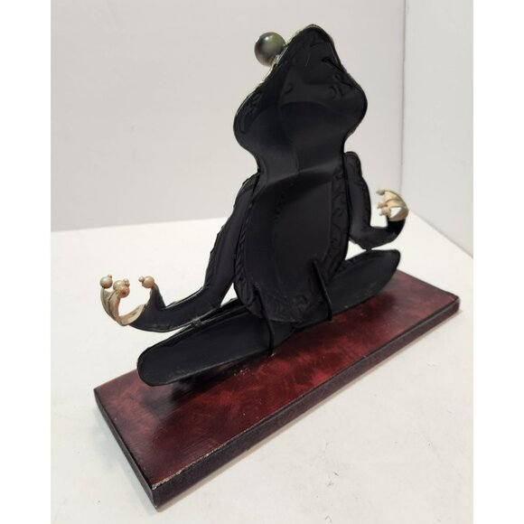 Metal Yoga Meditation Frog Decor on Wooden Base 7.5" Tall by 10" Long - Picture 6 of 14